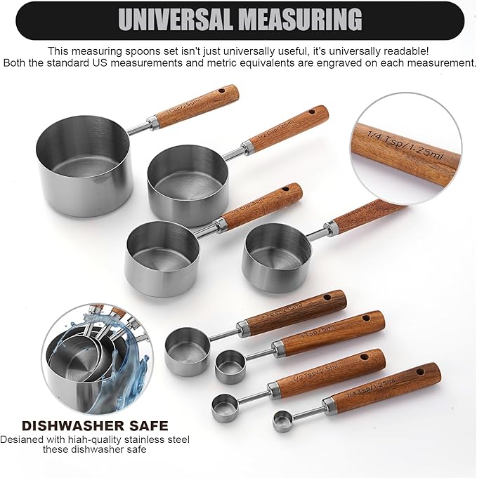 SHIKORI Gold Measuring Cups and Spoons Set with Wood Handles, Premium Stainless Steel Measuring Spoons and Measuring Cups Set, For Cooking and Baking in the Kitchen-Silver-4Cups