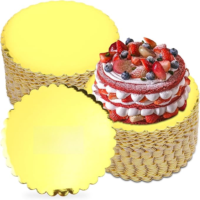 100 Pack 8 Inch Gold Wave Cake Boards, Round Cake Base Board Circles, Disposable Cake Stand Pizza Cardboard for Wedding Birthday Anniversary