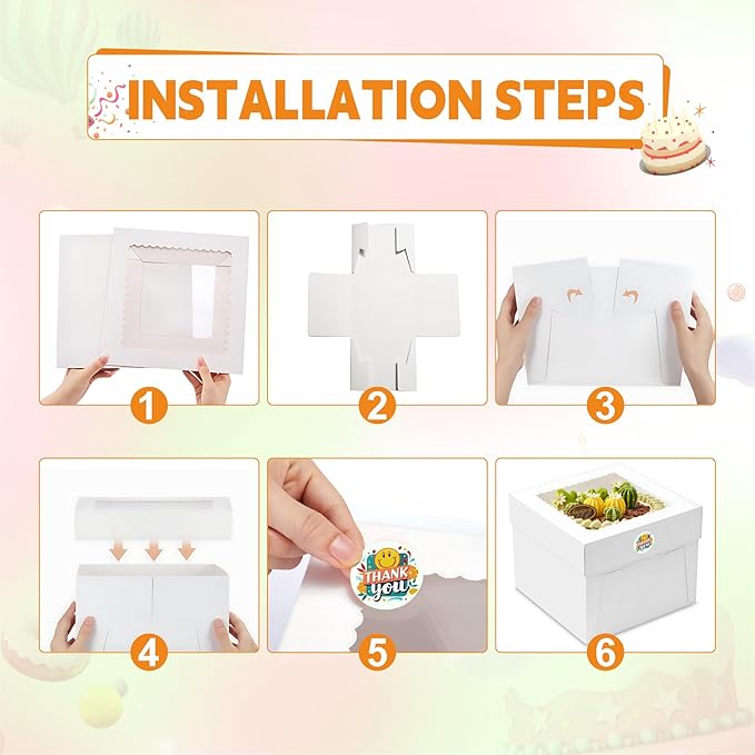 7pcs Cake Boxes, 10x10x8 Inch Cake Box With Viewing Window and Cake Board and Stickers, Tall Cake Box, Suitable for Birthday, Party, Wedding, Banquet