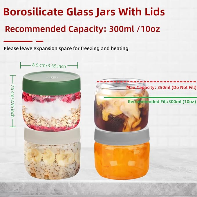 10oz Borosilicate Glass Jars with Lids - Freezer to Oven Safe(-4°F to 446°F), Airtight Meal Prep Containers for Overnight Oats, Snacks, Coffee, Microwave & Dishwasher Safe (4pack)