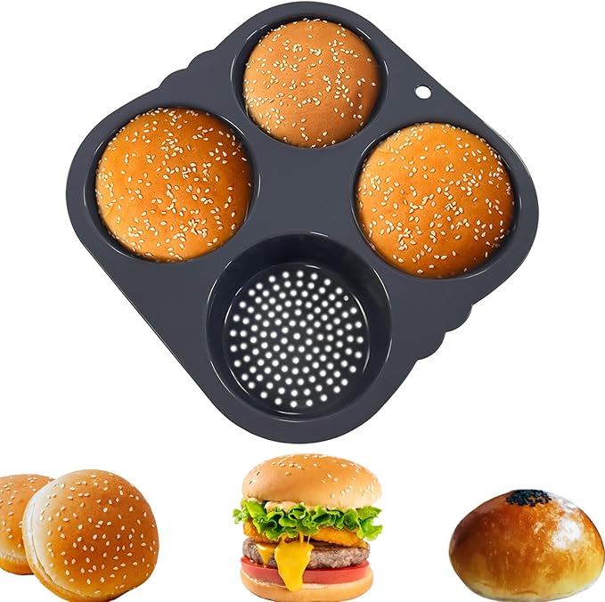 4-cavity Silicone Hamburger Bun Pan, Nonstick Loaf Pan & Heat Resistant Burger Bun Pans for Baking, Bread Pans for Homemade Bread, Bread pans for baking, Easy to Use Burger Pan