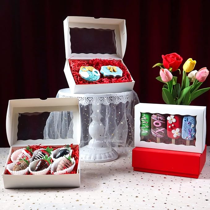 RomanticBaking 8x5x2 Inch 51PCS Bakery Boxes with Window for Cookies, Chocolate Covered Strawberries,Cakesickle, Chocolate Truffle Boxes Pretzel Box & Party Favors Packing
