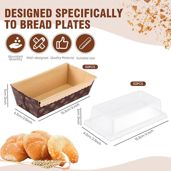 Sabary 50 Pcs Paper Baking Loaf Pan with Lids Disposable Paper Pans Mold for Birthday Graduation Wedding Halloween Thanksgiving Christmas Cake Bread Bakery Holiday Gifts(5.91 x 2.48 x 1.94 Inches)