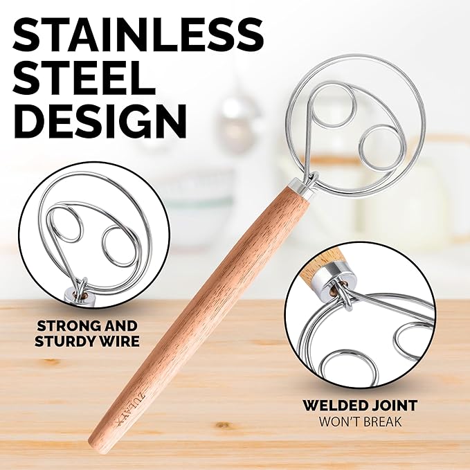 Zulay Kitchen Double-Eye 13" Danish Dough Whisk - Durable Easy Mixing Bread Whisk, Stainless Steel Sourdough Danish Hook, Sourdough For Mixing, Traditional Dutch Dough Mixer Tool - Rubberwood