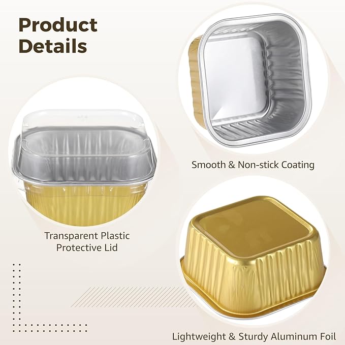200Pcs Mini Cake Pans, 5 oz Small Cake Containers with Lids, Aluminum Foil Baking Cups, Golden Square Dessert Boxes, Cupcake Pans for Parties and Catering, Oven and Freezer Safe