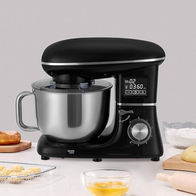 6.5Qt Stand Mixer, 1350W Electric Household Stand Kitchen Mixer With Lcd Timer Display, 6-Speed Dough Maker With Whisk Beater & Hook, For Baking Bread Cake Cream, Compact For Small Kitchen (black)