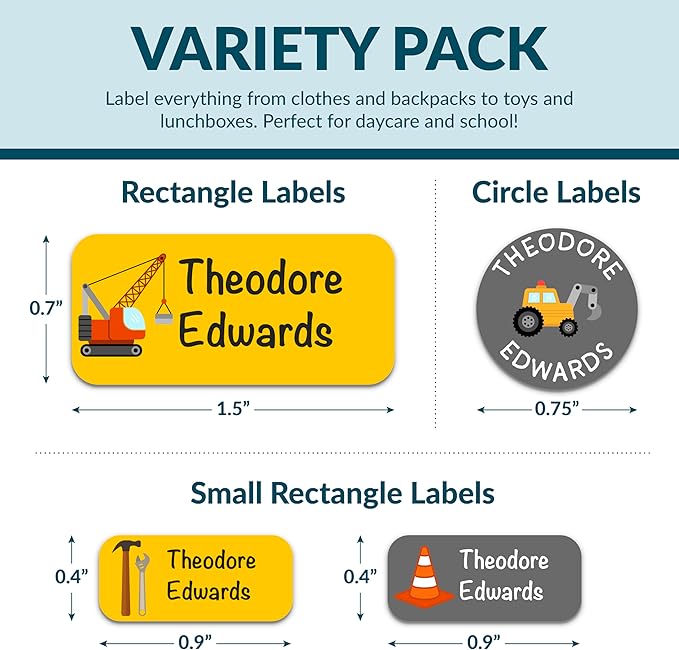 Personalized Waterproof Name Labels for Kids | Optional Packs 50, 150, 230 Labels | Custom Name Stickers for Kids' Clothing Tag, Water Bottle, Customize Kid Name Label for Daycare Construction