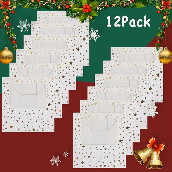 12pcs Cookie Boxes with Window, 8.25x6x2.75in White Treat Boxes with Window Gold Foil Star Bakery Cake Boxes for Christmas Gift Giving Pastry Dessert Cupcakes Candy Donut Packaging