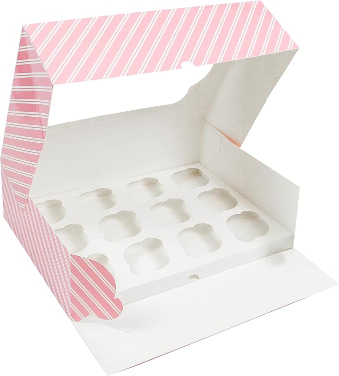 Global Sugar Art Auto-Popup Quarter Sheet Cake & Cupcake Box with Window and Cupcake Insert, Pink Striped 14 x 10 x 4 Inches, 5 Count