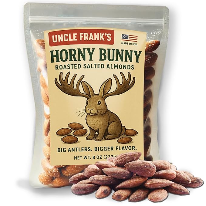 Uncle Frank’s Horny Bunny - 8oz of Moose Themed Roasted Salted Almonds with a Wild Side - Big Antlers - Bigger Flavor - Easter Basket Filler for Adults