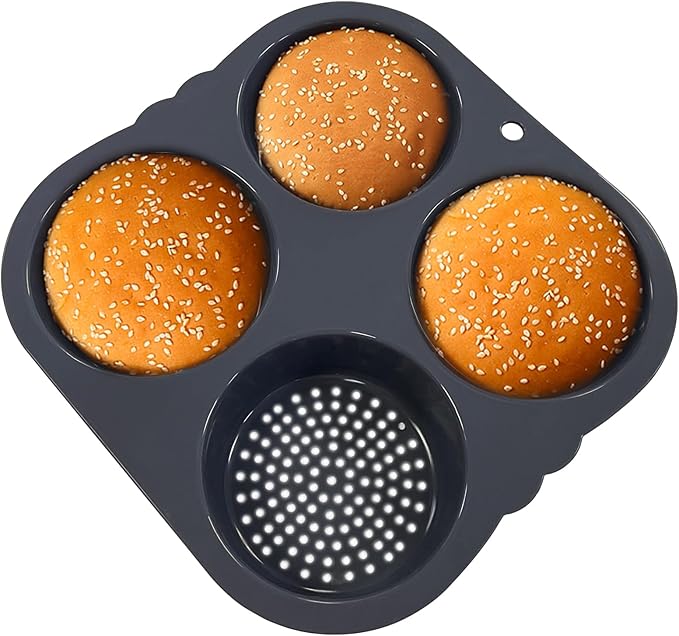 4-cavity Silicone Hamburger Bun Pan, Nonstick Loaf Pan & Heat Resistant Burger Bun Pans for Baking, Bread Pans for Homemade Bread, Bread pans for baking, Easy to Use Burger Pan