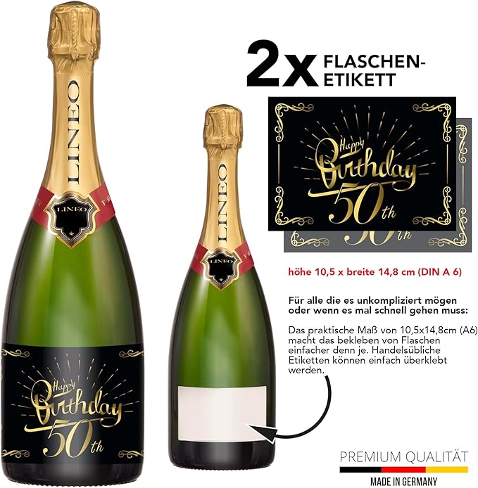2-Pack Birthday Bottle Labels, Self-Adhesive “HappyBirthday” Stickers for Champagne & Wine Bottles, Fun Gift Idea for Men & Women, 5.8 x 4.1 in (50th Birthday)