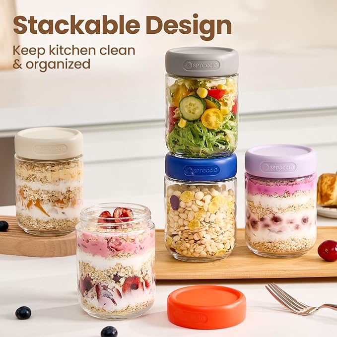 6-Pack 16oz Borosilicate Glass Jars with Airtight Lids, Overnight Oats Containers with Lid, Glass Jars for Overnight Oats Yogurt Chia Pudding Pickles Snacks Meal Prep