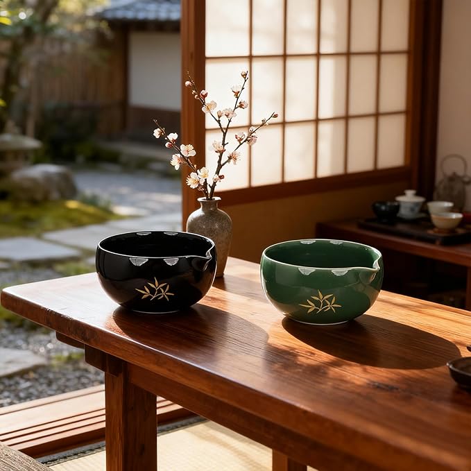 Matcha Whisk Set, Complete 8 Pcs Matcha Kit for Japanese Tea Ceremony, Ceramic Bowl with Spout, Bamboo Whisk, Spoon, Scoop, Sifter, Christmas Gift for Beginners and Matcha Lovers(Black)