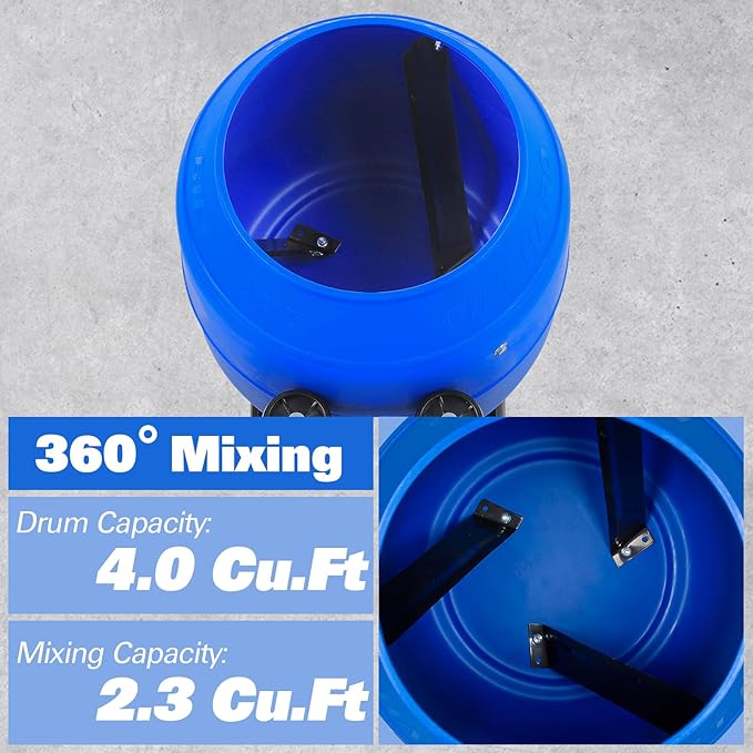 BILT HARD Cement Mixer 4 Cu.Ft. Portable Electric Poly Drum Concrete Mixer, Heavy Duty Power Cement Mixing Machine for Mortar, Stucco and Fodder
