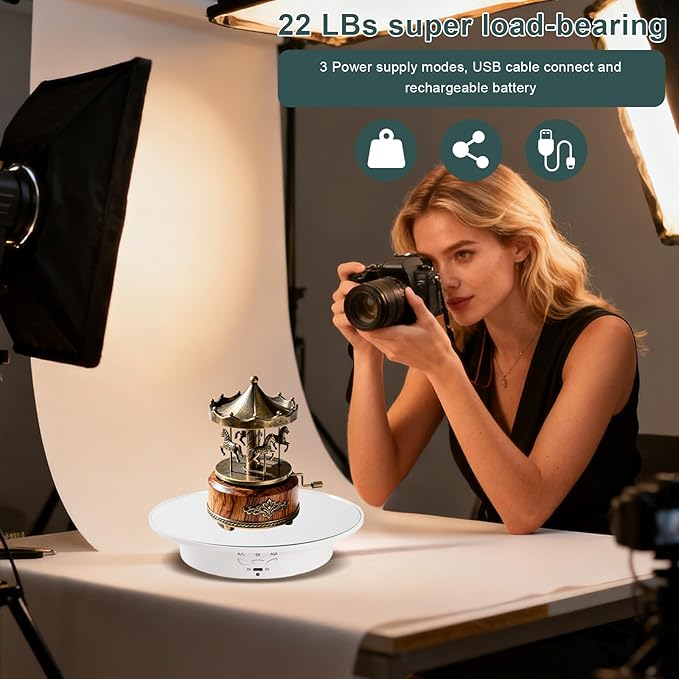 7.87'' Rotating Display Stand Motorized Rotating Display Stand, 22 lbs Load Electric Turntable with Mirror Cover, Lazy Susan Showcase with USB for Jewelry Photography 3D Model Cake, White