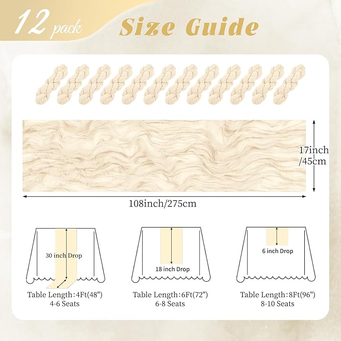 12 Pack Ivory Cheesecloth Table Runner 17x108 Inch Semi Sheer Boho Gauze Cheese Cloth Fabric Table Runners, for Wedding Party Baby Shower Birthday Home Decor Garden Farmhouse