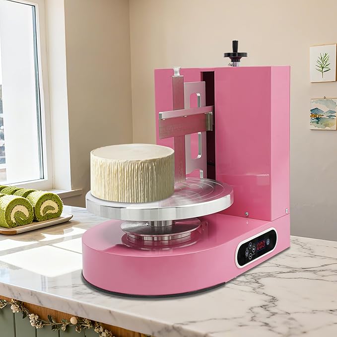 Cake Cream Spreading Machine, Electric Cake Decorating Machine for 4-12 Inch Cakes, Automatic Cake Cream Spreading Machine with Graduated Scrapers Turntable for Dessert Shops, 60-320RPM, 200W (Pink)