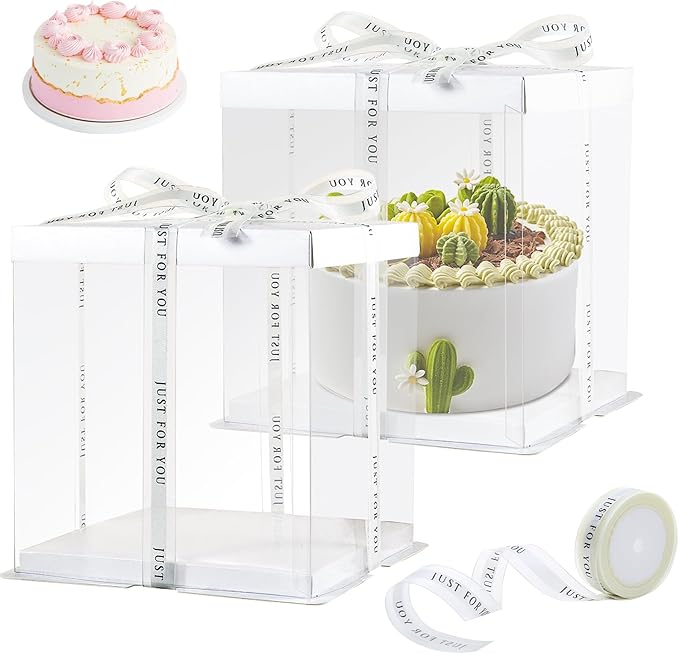 8 Packs Tall Cake Boxes with Ribbon,10x10x9 inches Bakery Boxes,White Multi-Layer Cake Containers for Birthday,Wedding,Halloween(White, 10 * 10 * 9inch/8pcs)