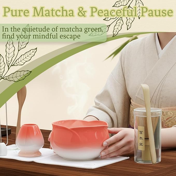 8 Pcs Matcha Whisk Set Chasen Matcha Whisk Bamboo Bowl with Spout Sifter Spoon Scoop Whisk Holder Bamboo Mat Complete Matcha Making Kit (Red Petal)