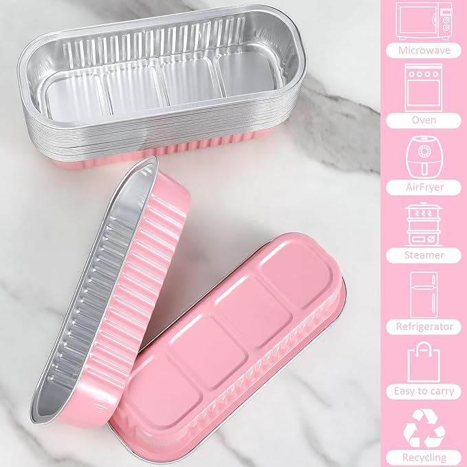 Mini Loaf Pans with Lids and Spoons (100 Pack, Pink, 6.8oz) Rectangular Aluminum Foil Baking Pans