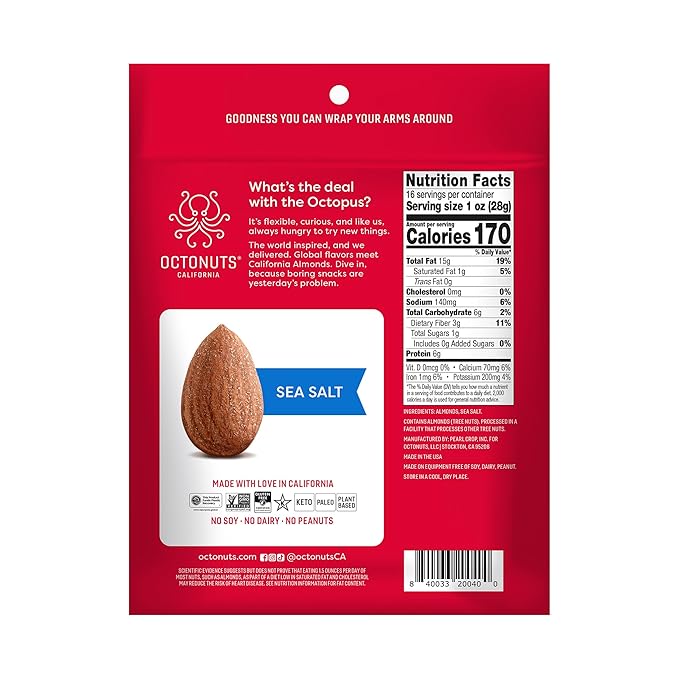 Octonuts Dry Roasted Sea Salt Almonds – 16oz Resealable Bag - Healthy Snack for Adults and Kids - Plant Protein with Fiber, Calcium & Iron - Low Carb, Low Calorie - Non-GMO, Gluten Free Snacks