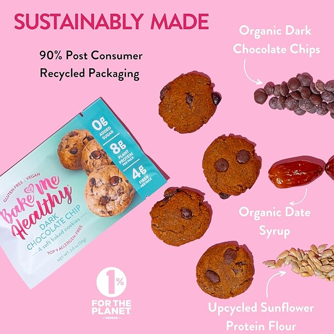 Bake Me Healthy Gluten-Free Cookies - Chocolate Chip (10 Count), Vegan, Gluten Free, Nut Free & Dairy Free, Healthy Snacks for Kids or Adults, School Safe, Low Sugar