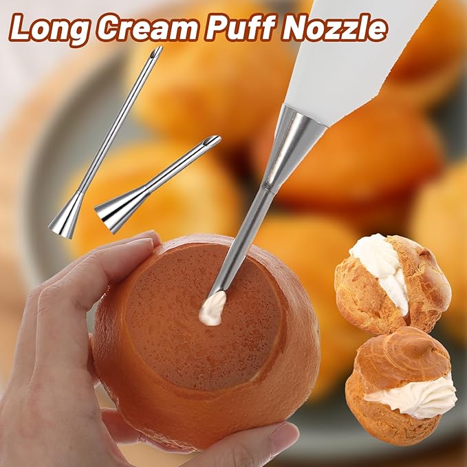 3 Pcs Cream Icing Piping Nozzle Tips,Stainless Steel Long Cream Nozzle Decor,Small Pastry Icing Piping Decorating Tools + Decorating Cleaning Brush for Decoratings Cake and Filling Pastry