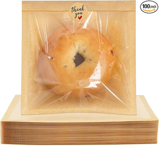 100 Pack Heat Sealable Bakery Bags with Window, 7.1x7.5 Inch Cookie Packaging Bags with Seal Bake Sale Paper Sleeves for Bagel, Cake Slice, Sandwich, Donut, Pastry