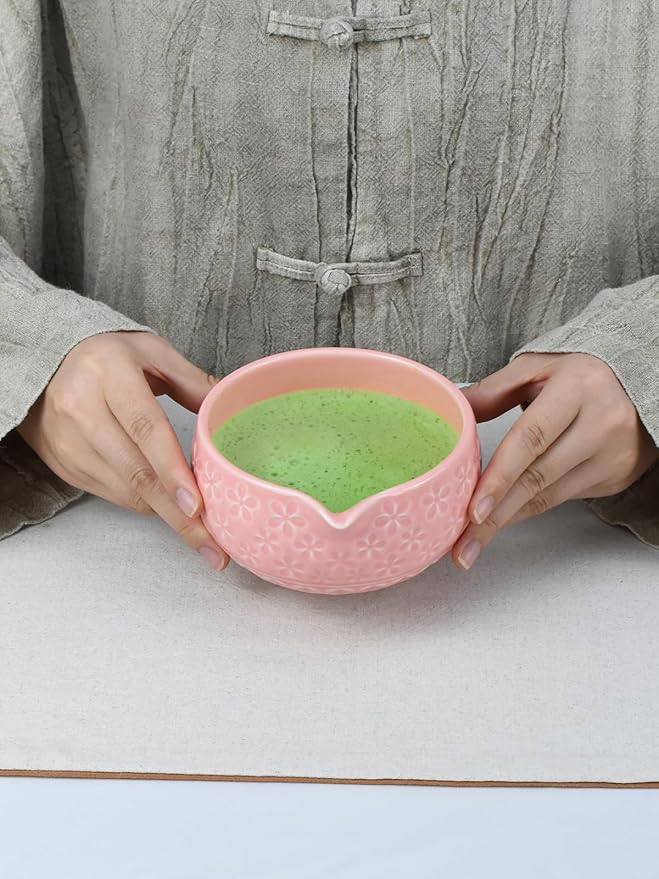 Artcome Matcha Tea Set – Pink Sakura Embossed Ceramic Bowl 17oz with Bamboo Whisk, Whisk Holder, Strainer, Scoop, Tea Spoon, Cloth – Complete Japanese Matcha Kit for Tea Ceremony & Gift