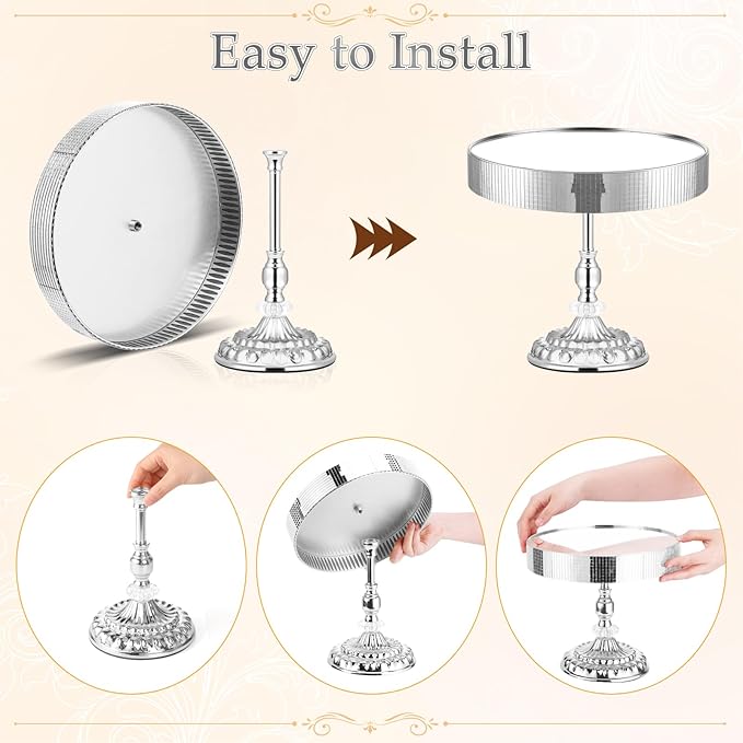 12 Pieces Silver Cake Stand Set, Vintage Cake Display Stand with Crystal Edge and Cupcake Display Tray, Dessert Table Display Set for Wedding Party Baby Shower Anniversary Celebration