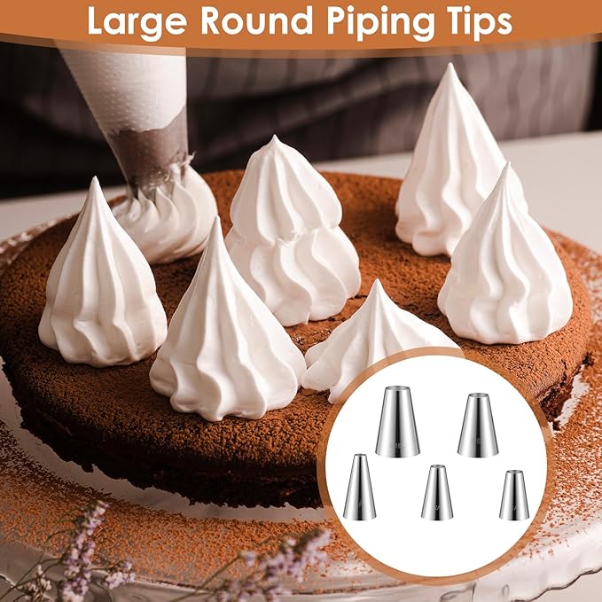Large Round Piping Tip for Cake Decorating, 5 Pieces Stainless Steel Cupcake Frosting Nozzles Cake Tool Frosting Tip Russian Pastry Icing Dispensers for Baking Cookies Puff Doughnut Cream Bag Filler