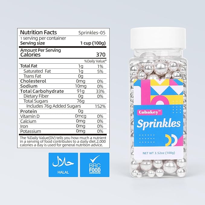 Silver Sprinkles for Cake Decorating, Silver Pearl Sugar Cupcake, Cookies, Ice Cream Toppings, 3.5 Ounces Cake Decorationss Baking, Perfect for Wedding, New Year’S Eve, Christmas Party
