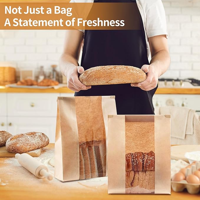 100 Pack Paper Bread Bags for Homemade Bread 14x8.3x3.5 Inches Sourdough Bags with Tin Tie Tab Lock Clear Front Window Large Kraft Bakery Bag, 100 PCS Sealing Stickers