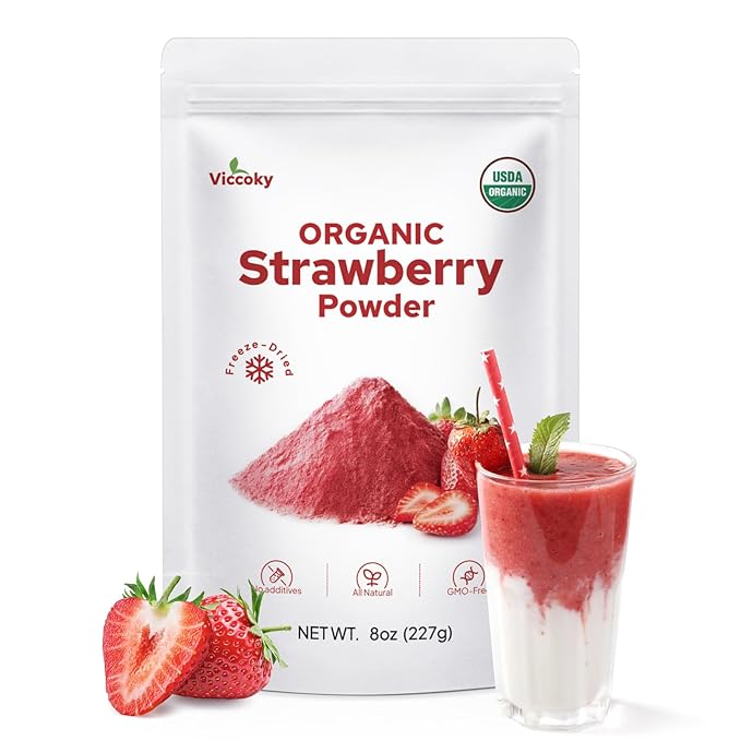 Viccoky Organic Freeze Dried Strawberry Powder 8oz | Natural | No Additives | Non GMO | Strawberry Flavoring for Baking, Drinks, Smoothies and Cooking