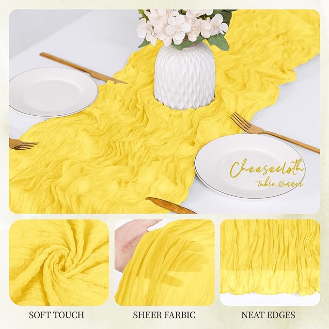 6 Pack Lemon Yellow Cheesecloth Table Runner 17x108 Inch Semi Sheer Boho Gauze Cheese Cloth Fabric Table Runners, for Wedding Party Baby Shower Birthday Home Decor Garden Farmhouse