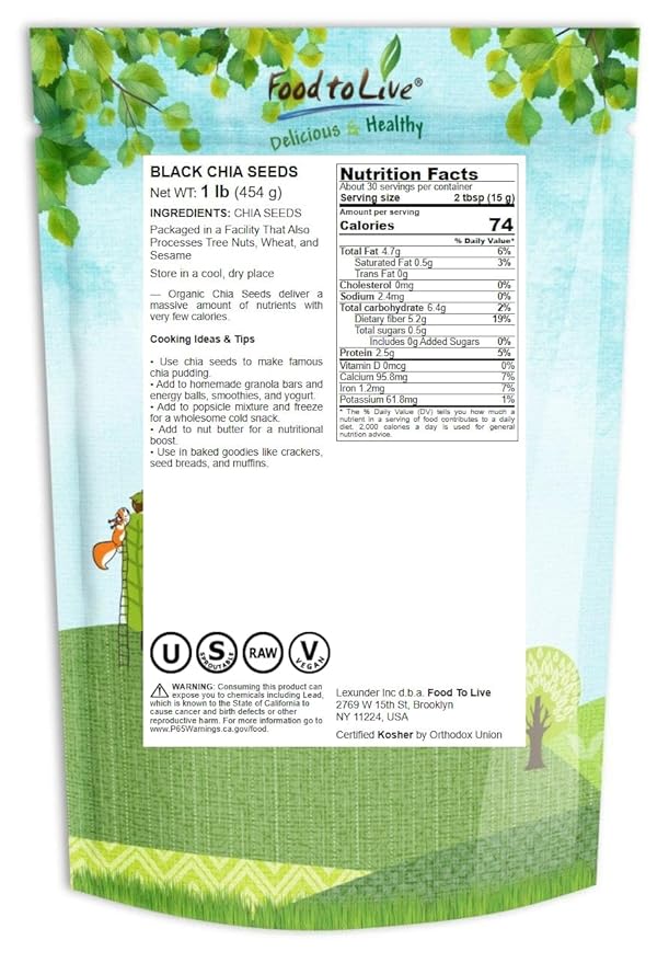 Food to Live - Black Chia Seeds, 1 Pound Whole, Sproutable, Vegan, Kosher, Keto, Sirtfood, Bulk. Rich in Essential Fatty Acids, Fiber, Protein. Great for Chia Pudding, Smoothie, Oatmeal