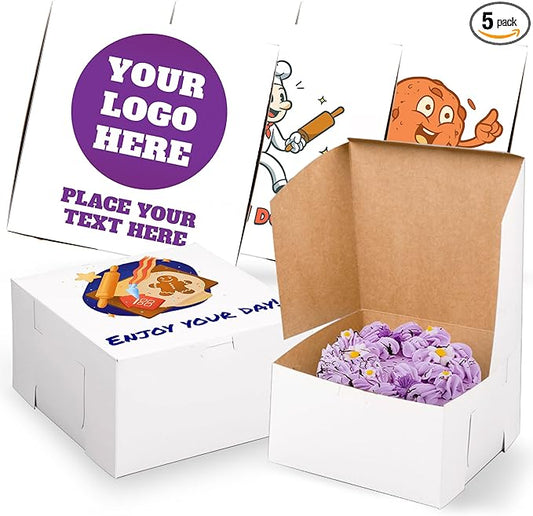 MT Products Custom Printed Bakery Boxes - 9" x 9" x 5" White Customizable Cake, Cookie and Pie Boxes with Logo - Made in the USA