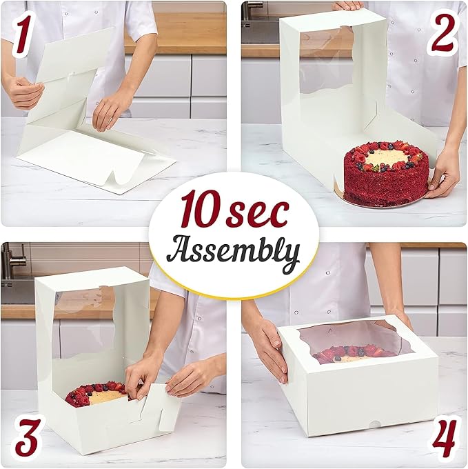 Premium Cake Boxes with Cake Boards Set - 12 Front-Loading Sturdy Cardboard Cake Boxes 10", 12 White/Gold Greaseproof Boards 10 Inch - Window Cake Box Set