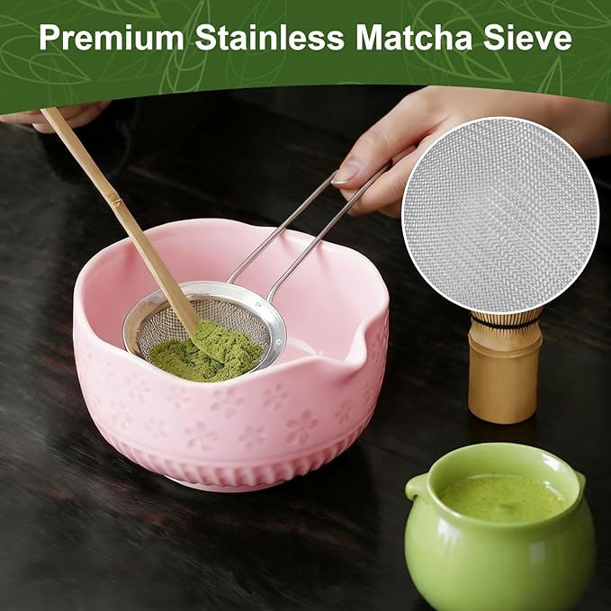 Matcha Set, 9 Pcs Ceramic Matcha Set Includes Bowl, Whisk and Holder, Bamboo Scoop, Scoop Rest, Sifter and Tea Towel ect- Complete Kit for Traditional Matcha, Modern Lattes (Pink)