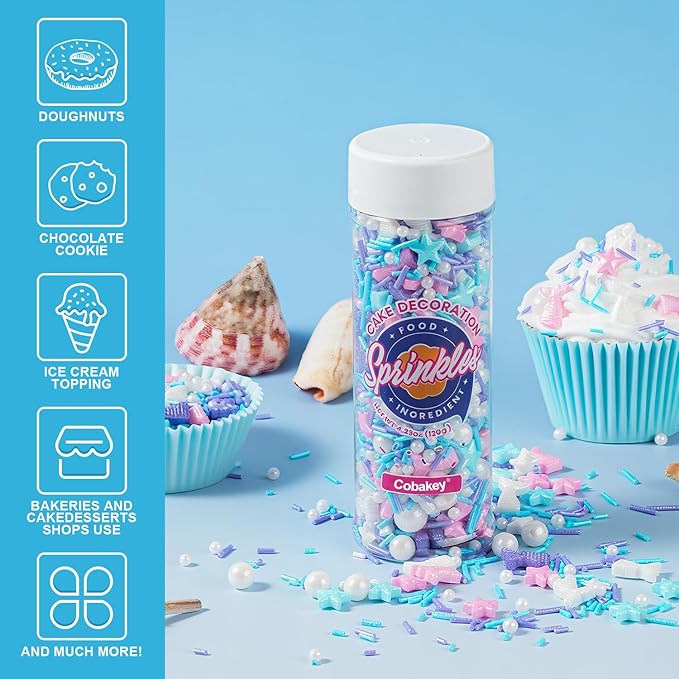 Mermaid Sprinkles for Cake Decorating – Edible Pearl & Star Sugar with Jimmies (Blue, Pink, Purple) – Ocean & Unicorn Theme Sprinkles Mix for Cupcakes, Cookies, Donuts – Birthday Party Baking Supplies