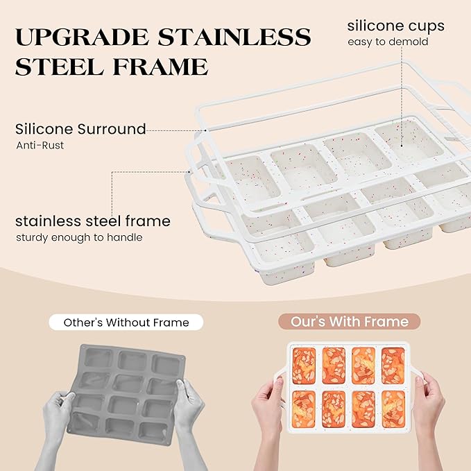 2 Pcs Mini Loaf Pans with Metal Reinforced Frame, Nonstick Small Silicone Bread Pans for Baking, 8 Cavity Tiny Meatloaf Pan (Cream)