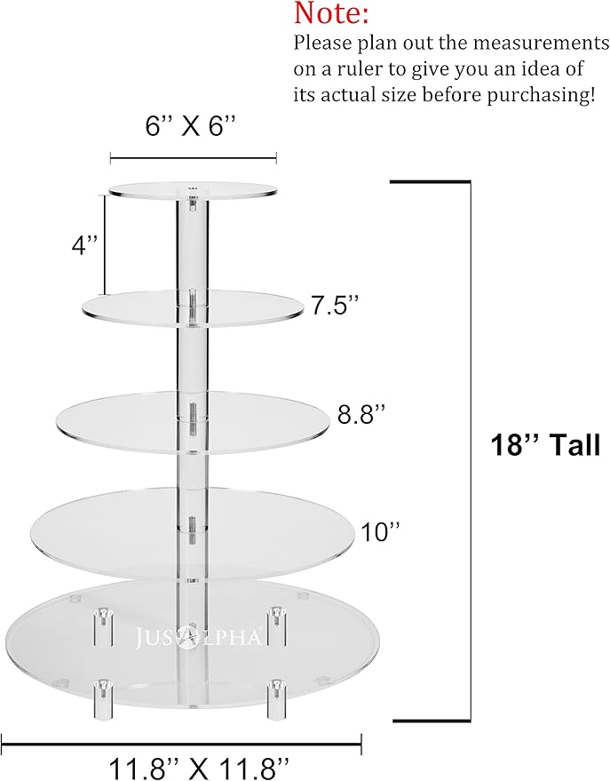 Jusalpha 5 Tier Round Acrylic Cupcake Stand-cake stand-dessert stand, cupcake Tower 5RFs (5 Tier With Base)
