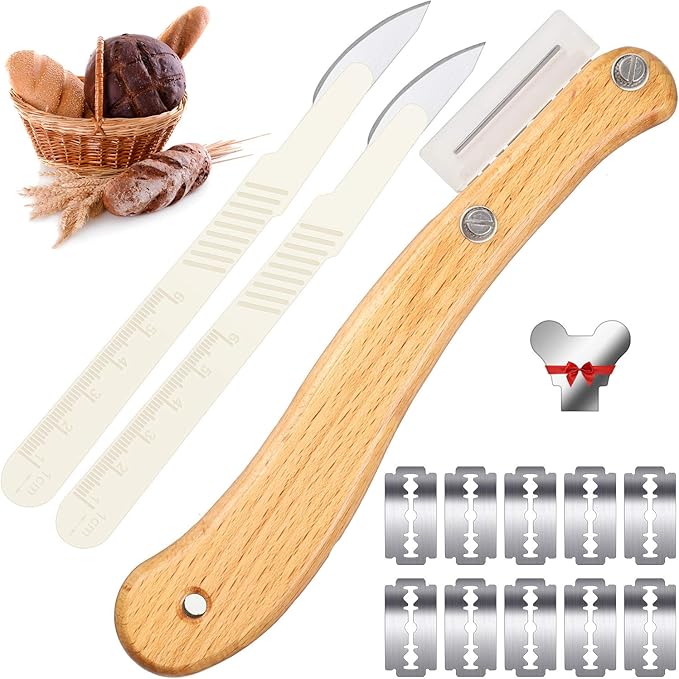 Mudder Bread Lame Scoring Tool Knife Bread Dough Sourdough Tool with 10 Pcs Replaceable Blades Wooden Handle Lame Slashing and 2 Pcs Scoring Knife with Protective Cover for Baking