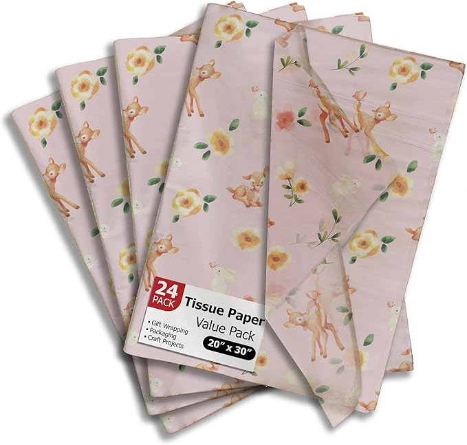 Pro Supply Global Bambi Deer Printed Tissue Paper for Gift Bags or Boxes and Wrapping - Baby Shower Bulk Decorative Art Tissue Paper for Packaging and Gifting | 24 Sheets 20" x 30"