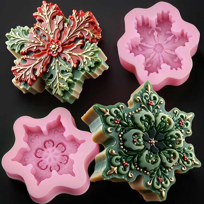 Snowflake Silicone Molds Christmas Snowflake Soap Molds Snowflakes Candle Mold 3D Christmas Silicone Chocolate Mold for Making Soaps Candles Bath Bomb Cookie Cake Candy Chocolate Muffins Ice(2 Pink)