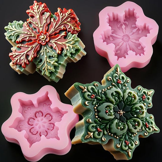 Snowflake Silicone Molds Christmas Snowflake Soap Molds Snowflakes Candle Mold 3D Christmas Silicone Chocolate Mold for Making Soaps Candles Bath Bomb Cookie Cake Candy Chocolate Muffins Ice(2 Pink)