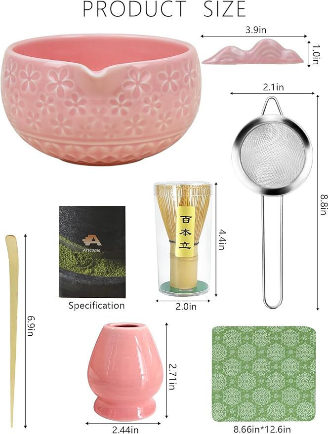 Artcome Matcha Tea Set – Pink Sakura Embossed Ceramic Bowl 17oz with Bamboo Whisk, Whisk Holder, Strainer, Scoop, Tea Spoon, Cloth – Complete Japanese Matcha Kit for Tea Ceremony & Gift