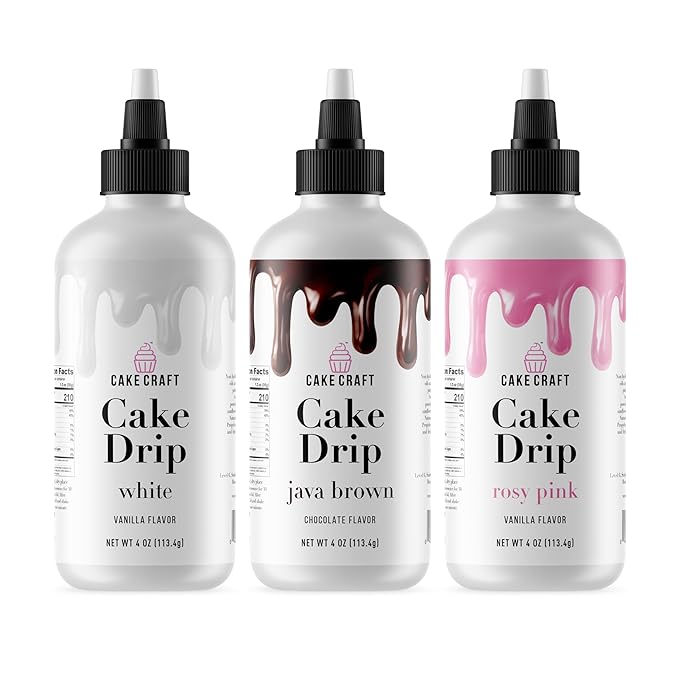 Cake Craft Cake Drip 3-Pack – Java Brown, Rosy Pink & White | Ready-to-Use Drip Icing for Cake Decorating | Vanilla & Chocolate Flavored | No Heating Required | 2oz Bottles