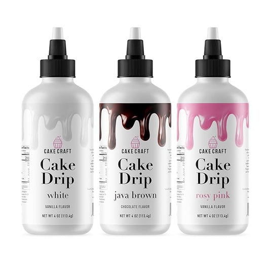 Cake Craft Cake Drip 3-Pack – Java Brown, Rosy Pink & White | Ready-to-Use Drip Icing for Cake Decorating | Vanilla & Chocolate Flavored | No Heating Required | 2oz Bottles